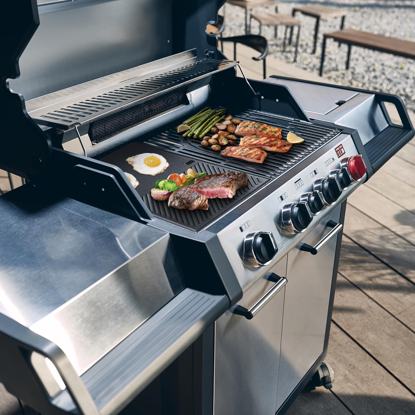 Gusseisen Grillplatte für Landmann Triton 3 und 4 Brenner, Enders Boston 4, Enders Monroe PRO 4, Enders Boston 6 Gasgrill, 43,5 x 31,5CM Grill Plancha für Broil King Baron,Crown,Ersatzteile Bratpfanne 4