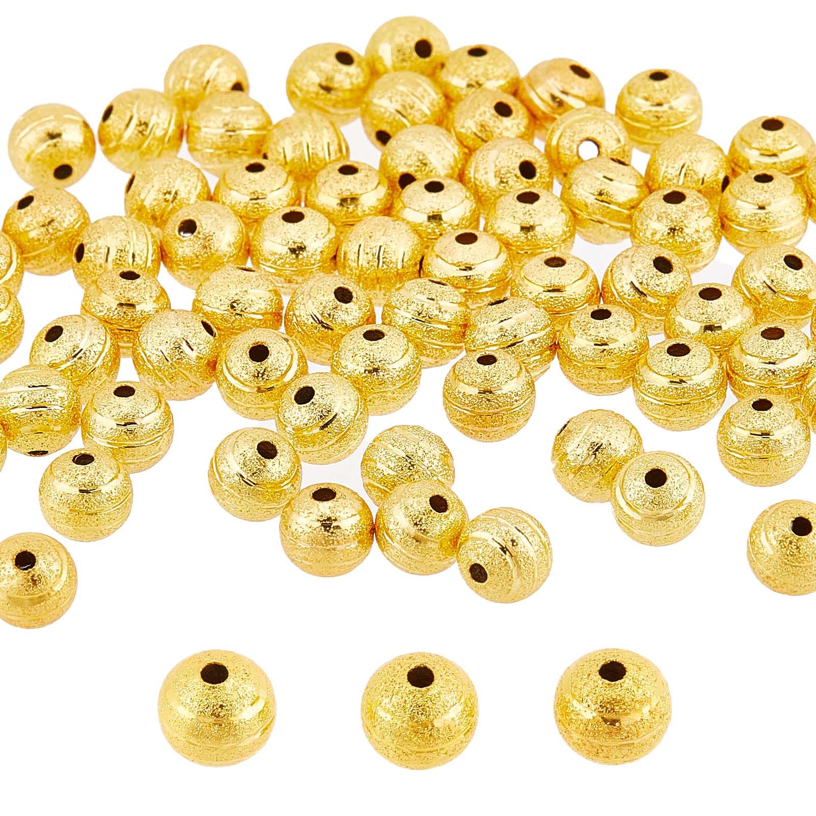 SUNNYCLUE 100Pcs Golden Beads 8mm Tibetan Style Textured Gold Beads Bulk Frosted Brass Metal Round Shiny Ribbon Pattern Loose Spacer for Jewellery Making Beading Kit DIY Crafts