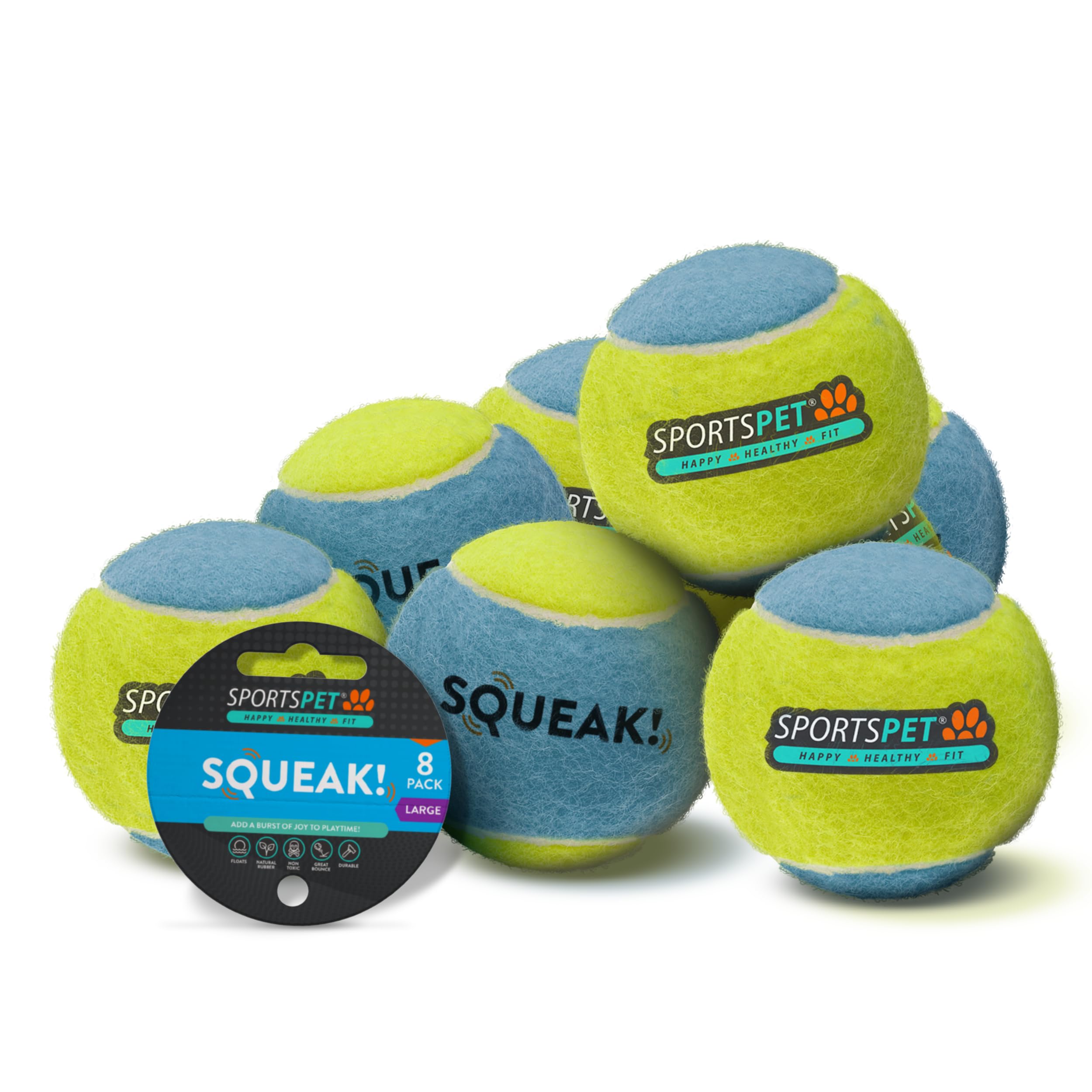 SPORTSPET Squeak Tennis Balls for Dogs - Extra Bouncy - Non Toxic - Durable - Long Lasting - Floats - Squeak Large Tennis Balls Pack of 8 (80 mm)