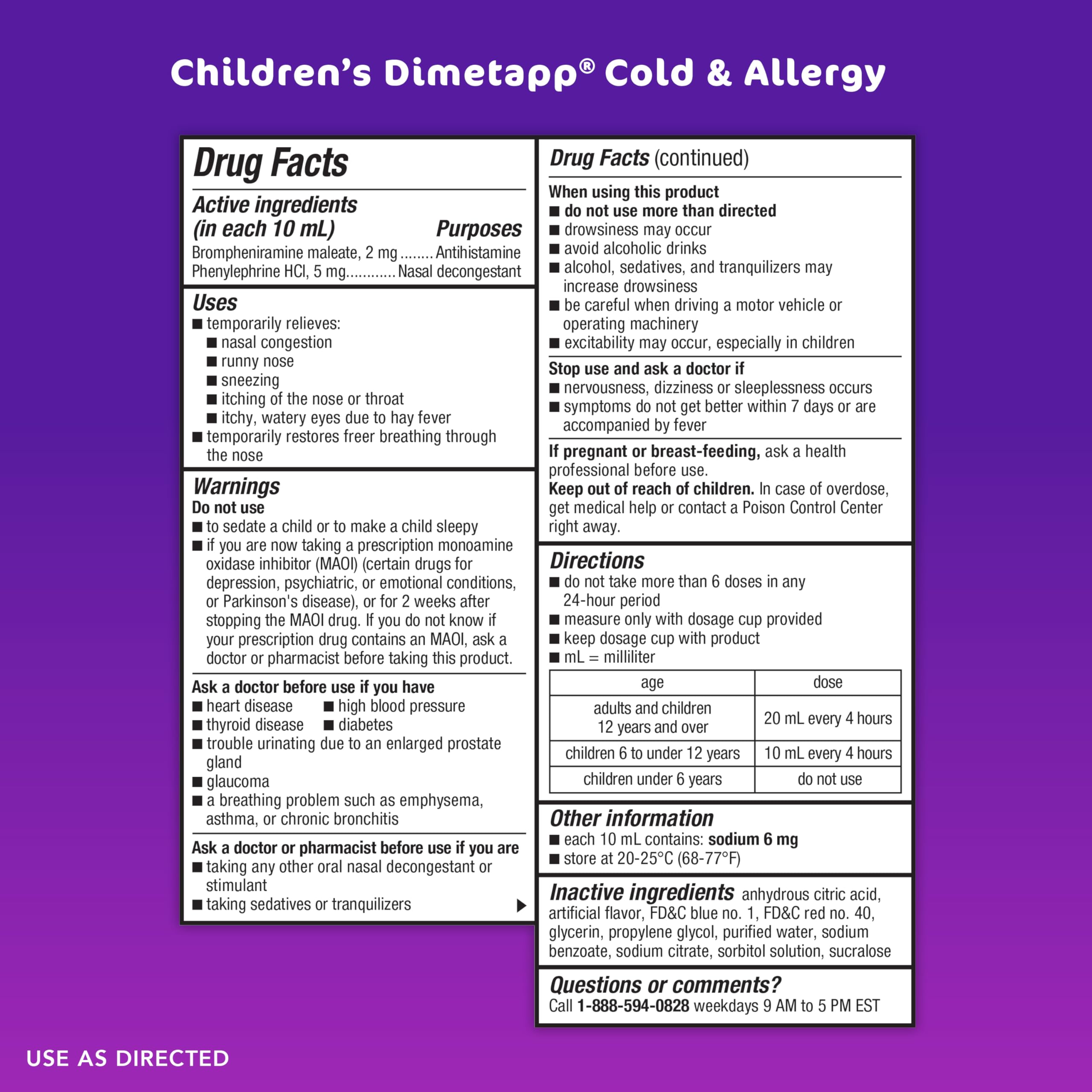Dimetapp Children’s Fast-Acting Cold & Allergy Medicine, Antihistamine, Relieves Runny Nose, Sneezing, Itchy, Watery Eyes & Itchy Throat, Grape Flavor, Alcohol-Free, Phenylephrine-Free, 8 FL OZ