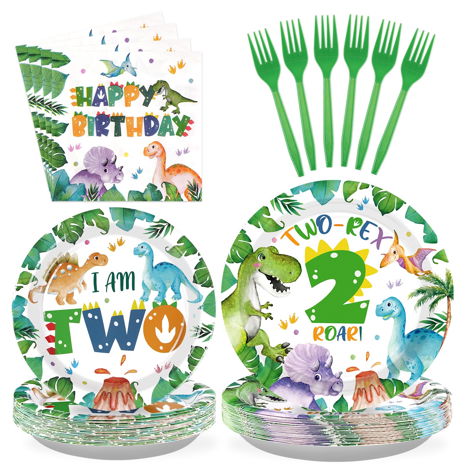 Photo 1 of 96Pcs Dinosaur 2nd Birthday Party Supplies Two Rex Dinosaur Plates and Napkins Tableware Sets Dinosaur Second Birthday Party Decorations for Boys Baby Shower 2 Year Old Birthday Party Serves 24