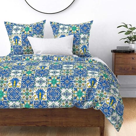 Amazon Com Roostery Duvet Cover Spanish Tiles Traditional Blue Yellow Bohemian Spain Tile Eclectic Boho Print 100 Cotton Sateen Duvet Cover Queen Home Kitchen