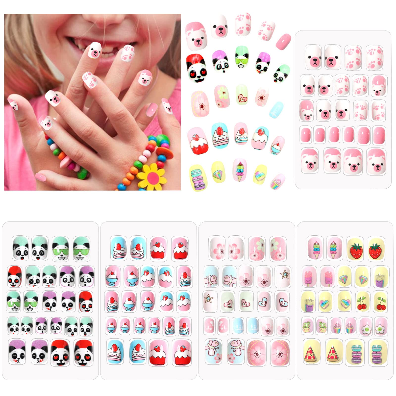 Scettar - 120 Pcs Kids Fake Nail Press on Full Cover for Girls & Kids DIY Nail Art Gift 4 Boxes (Different Patterns)