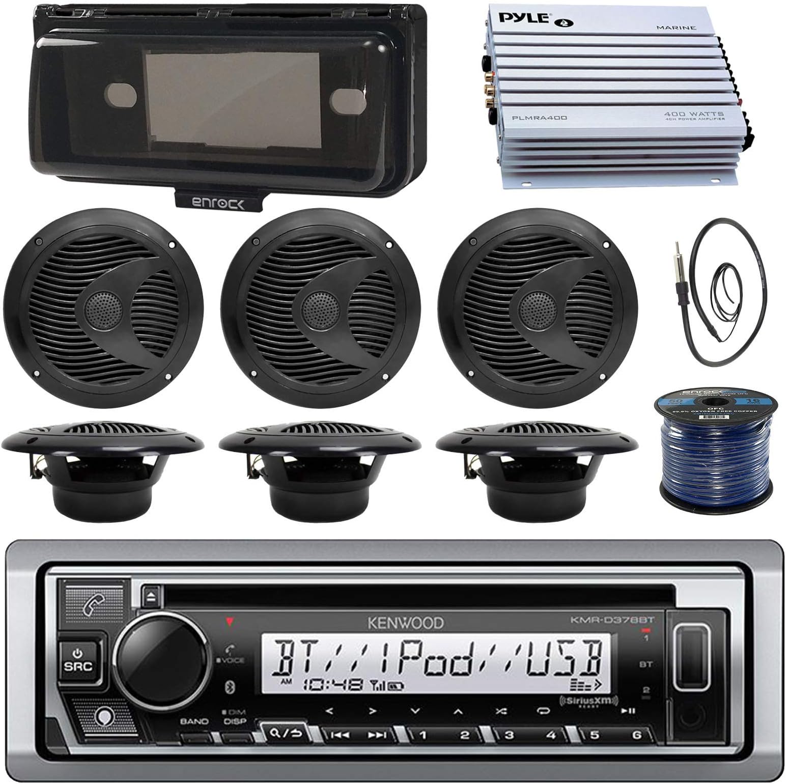 Kenwood Single DIN Marine Audio Bluetooth CD Player Receiver W/Protective Cover - Bundle Combo with 6X Black 6.5" 150W Waterproof Speakers + Enrock Antenna + 400W Amplifier + 50-FT Wire
