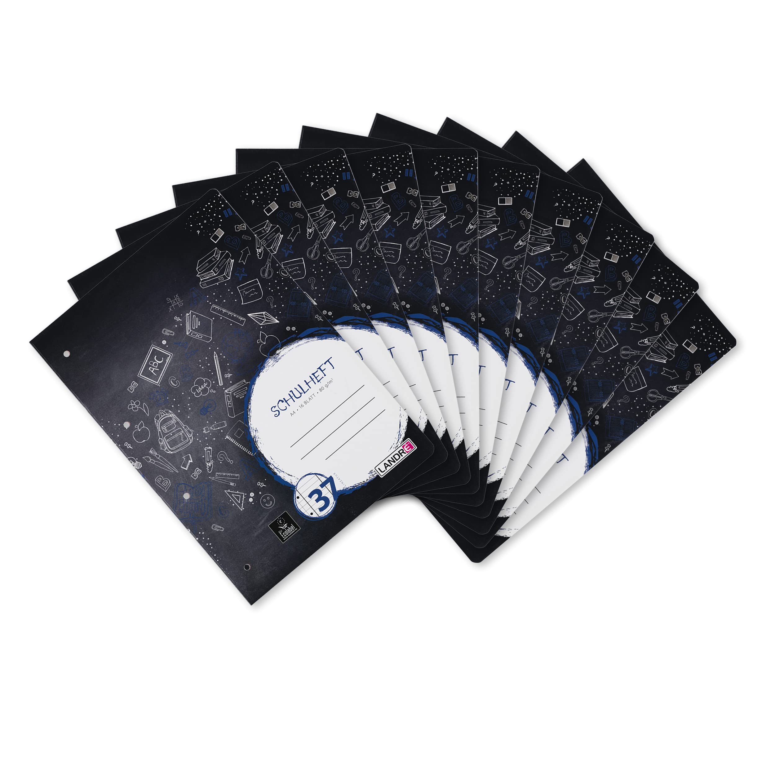 Landre 100050045 A4 Lined Exercise Book (16 Pages, Type 37 Ruling/Left and Right Margin/Perforated and Punched 80 g/m² Fine, Wood-Free Writing Paper) Pack of 10 in 3 Assorted Designs