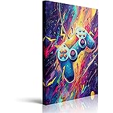 Gaming Controller Wall Art Canvas Framed Print Electric Blue Purple Painting Energetic Gamer Wall Decor Artwork Poster Video Game Room Decor for Boys Bedroom Teen Room Vibrant Dynamic 12x16 Inches