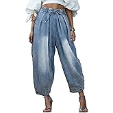 UQJE Women's Wide Leg Baggy Jeans Plus Size Loose Elastic Waist Denim Pants with Deep Pockets Light Blue