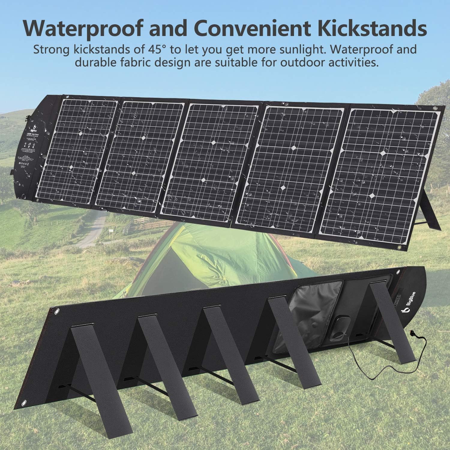 150W Solar Panel Kit, BigBlue Portable Solar Charger with Kickstands, 60W PD Type-C/2USB/Anderson Connector, Compatible with Suaoki/Jackery/Goal Zero Power Station, Laptops Car Boat RV Battery