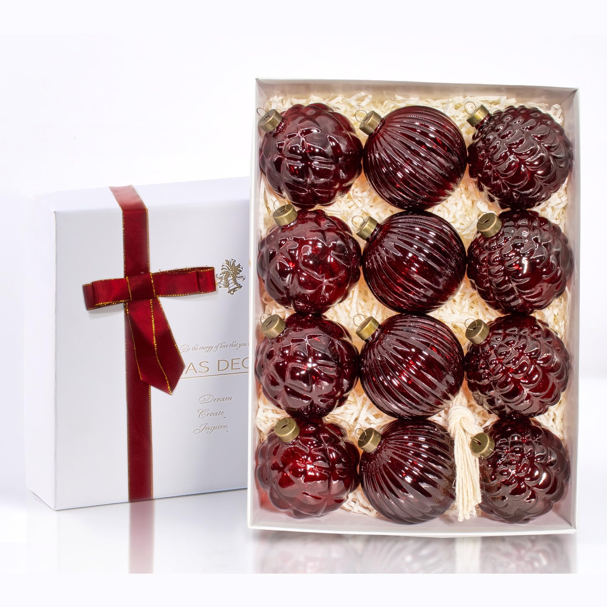 Photo 1 of 12PCS Red Glass Christmas Ornaments, 3.15” Textured Glass Ball Ornaments, Ribbed & Embossed Vintage Baubles, Rustic Farmhouse Holiday Decorations for Christmas Tree, Wreaths & Garland (Red)