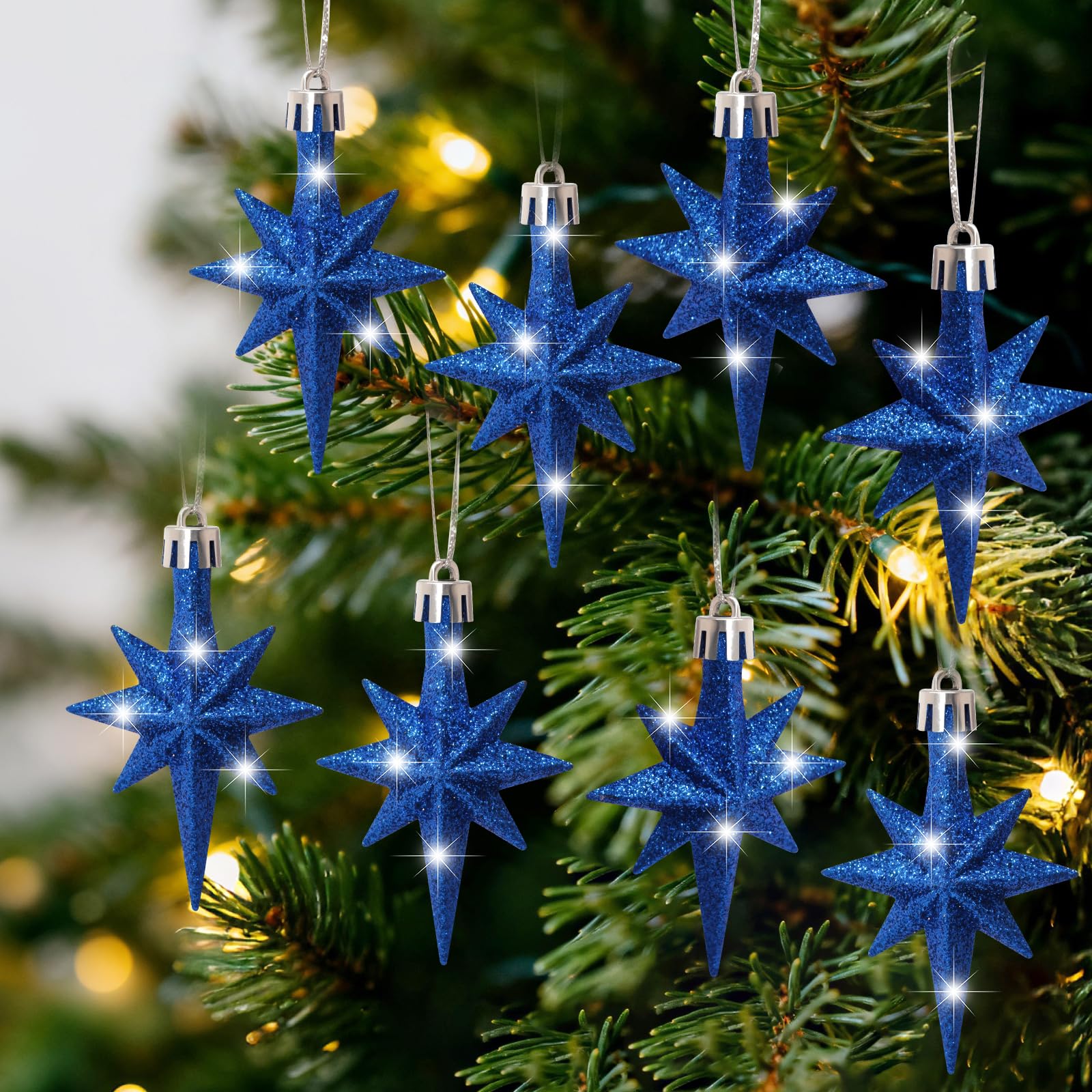 Photo 1 of 16 Pcs Glitter Bethlehem Star Ornament for Christmas Tree 3.14 x 2 Inch Star of Bethlehem Xmas Tree Topper Ornament Plastic Nativity Stars Hanging Decor Accessories (Blue)