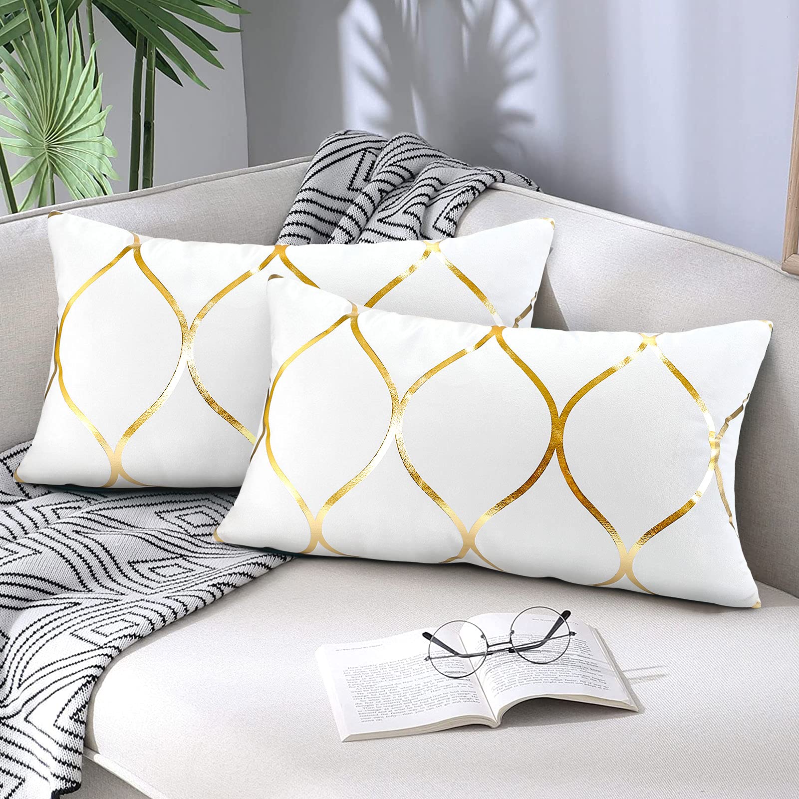 Hanrunsi White Cushions Cover with Gold Soft Velvet Lumbar Pillow Case 12x20 Inch Set of 2 Decorative Pillows for Sofa Couch Car Living room