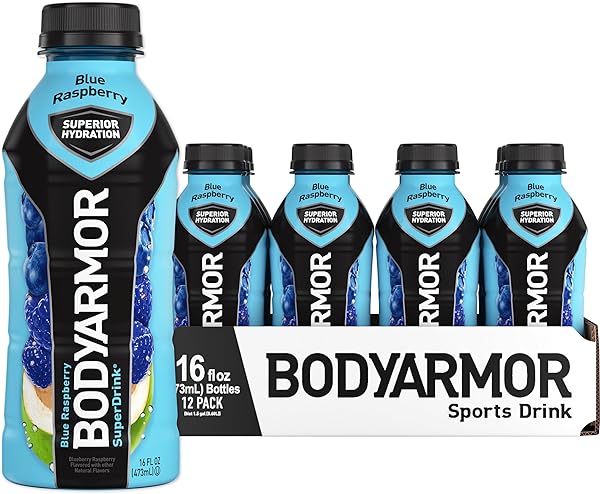 BODYARMOR SPORTS DRINK SPORTS BEVERAGE, BLUE RASPBERRY, COCONUT WATER HYDRATION, NATURAL FLAVORS WITH VITAMINS, POTASSIUM-PACKED ELECTROLYTES, PERFECT FOR ATHLETES, 16 FL OZ (PACK OF 12)