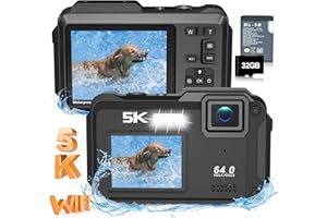 SANEEN Underwater Camera 5K 64MP 16FT Waterproof Digital Camera with WiFi Connection 16X Digital Zoom IPS Dual-Screen(2.8"/2") Selfie Waterproof Camera for Snorkeling with 32GB Card Black