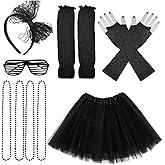 jiebor 80s Costume Outfits Accessories for Girls Tutu Skirt Leg Warmers Fishnet Gloves Shutter Glass Headband Necklace