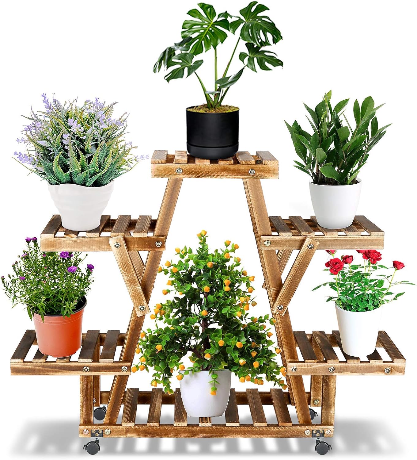 Ibnotuiy Wood Plant Stand with Wheels Tiered Corner Rolling Plant Flower Pots Holder Rack Display Indoor Outdoor for Patio Corner Lawn Garden Yard