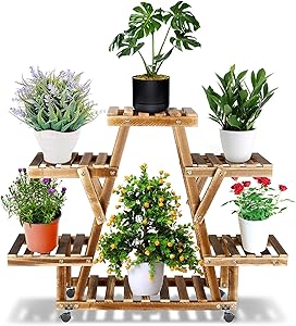 Ibnotuiy Wood Plant Stand with Wheels Tiered Corner Rolling Plant Flower Pots Holder Rack Display Indoor Outdoor for Patio Corner Lawn Garden Yard