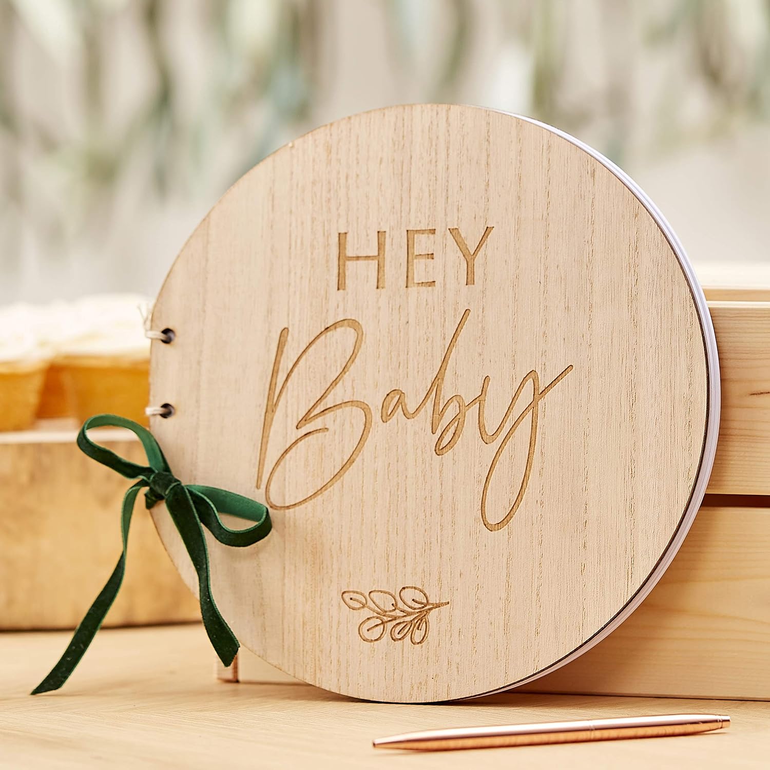 Ginger Ray Wooden Hey Baby Shower Guest Book - Botanical Baby