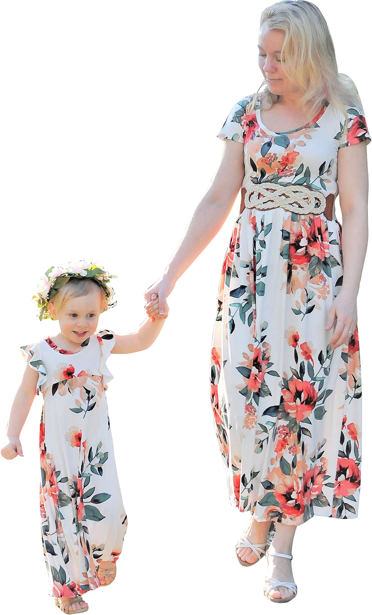 Family Matching Flower Print Long Sleeve Maxi Dress Mommy Me O-Neck High Waist Spring Fall Dress with Pockets