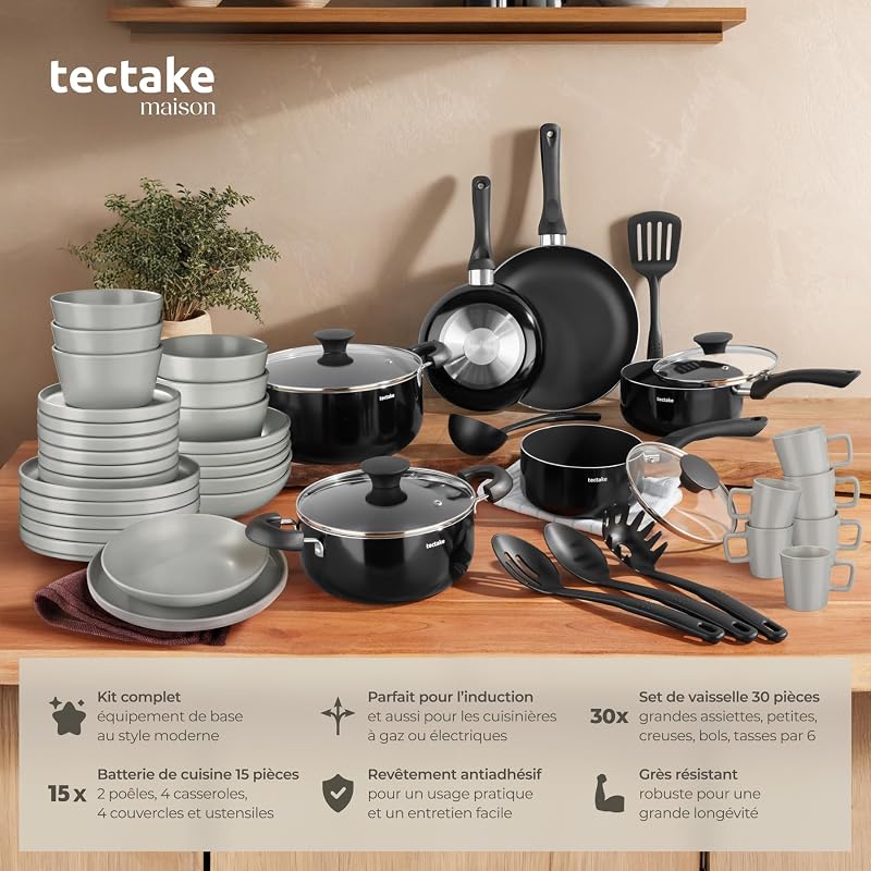 ® Set de Cuisine 45 Pièces, Vaisselle en Grès émaillé 6 personnes
