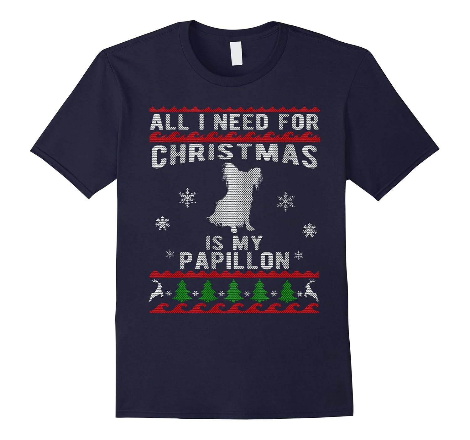 Ugly Christmas Sweater Style Papillon Dog Funny T-Shirt-ANZ