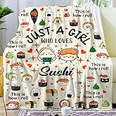 SWEBUTO Funny Sushi Blanket Gifts for Girls Kids Just A Girl Who Loves Sushi Plush Food Lovers Throw Blankets Flannel Cute Food Themed Pattern Gifts for Women Adults Room Decor Stuff 60"X50"