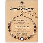 Evil Eye Dainty Bracelet - Natural Crystal Protection Bracelet - 5 Healing Stones Clear Quartz Amethyst Black Tourmaline Tiger Eye Adjustable Spiritual Guardian Jewelry Gift with Meaning Card