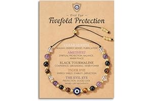 HGDEER Evil Eye Dainty Bracelet - Natural Crystal Protection Bracelet - 5 Healing Stones Clear Quartz Amethyst Black Tourmaline Tiger Eye Adjustable Spiritual Guardian Jewelry Gift with Meaning Card