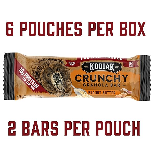 KODIAK CRUNCHY GRANOLA SNACK BARS, PEANUT BUTTER, HIGH PROTEIN, 100% WHOLE GRAINS, 1 BOX WITH 6 POUCHES (12 BARS)