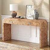 Modern Unique Curved Console Table with 2 Drawers and Burl Wood Veneer, 60'' Long Accent Entryway Table Sofa Table for Hallwa