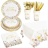 Crisky Wildflower Birthday Plates and Napkins set Women/Men Floral Disposable Tableware Set of 24 for Birthday Party Decorations (Plates, Napkin, Cups, Tablecloth, Knife & Fork)