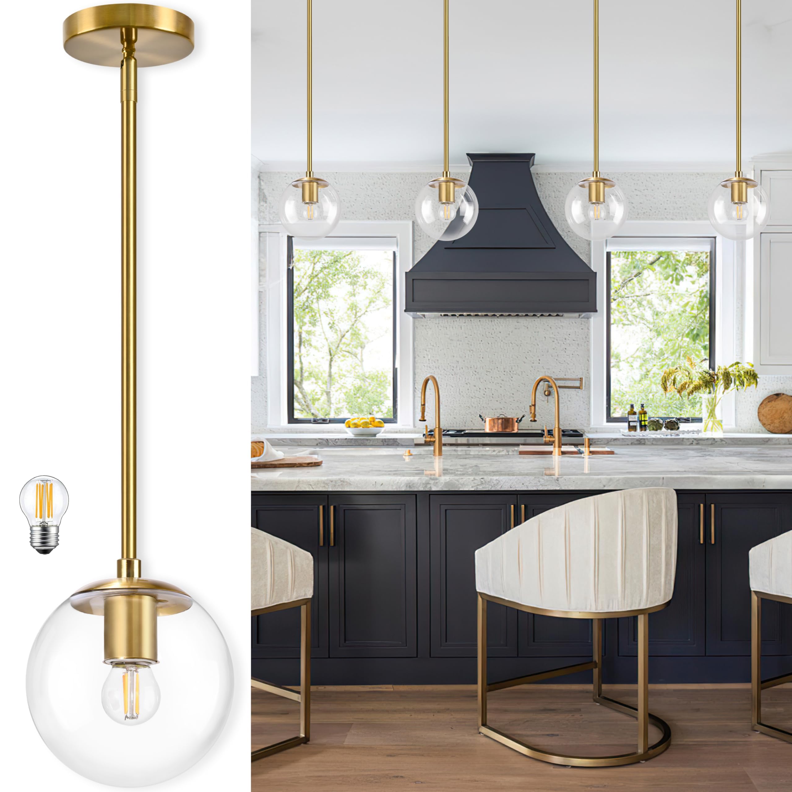 Photo 1 of Bagood 6 Inch Globe Pendant Light Gold Mid Century Pendant Light Contemporary Globe Pendant Lights Kitchen Island Clear Glass with Brass Finish Adjustable Hanging Light Fixture for Kitchen Island