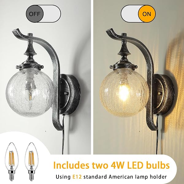 MGCANYU GLOBE GLASS WALL SCONCE SET OF 2, FARMHOUSE VINTAGE PLUG IN WALL LIGHT FIXTURES RUSTIC INDUSTRIAL WALL LIGHTS FOR BEDROOM BATHROOM HALLWAY