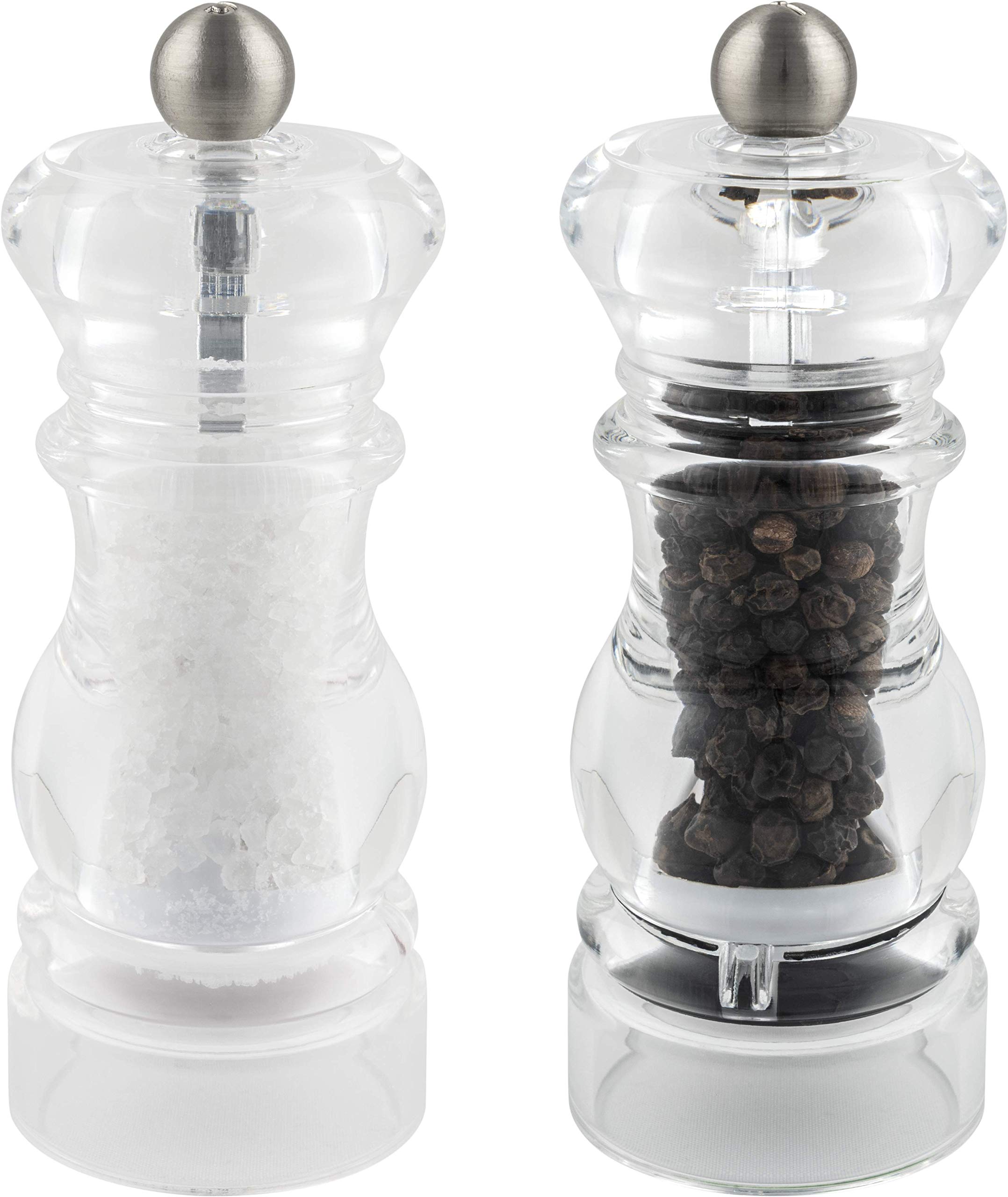 Grunwerg SP-6615AC SP-6610AC Gmill 2-Piece Acrylic Salt and Pepper Mill Set with Ceramic Adjustable Grinder, Traditional Design, 14cm, Clear, Transparent
