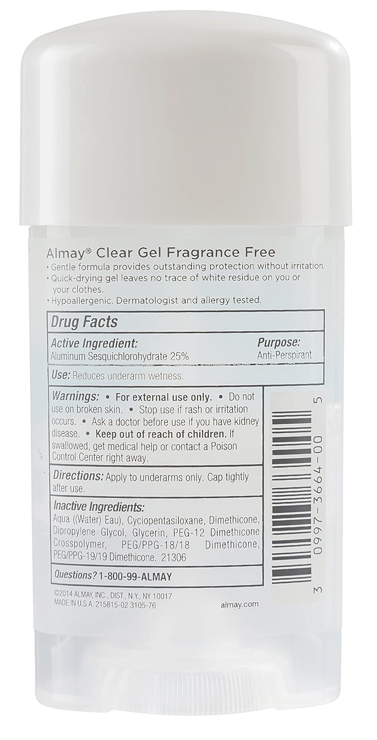 Almay Sensitive skin Clear Gel, Anti-Perspirant & Deodorant, Fragrance Free, 2.25-Ounce Stick (Pack of 2) : Beauty