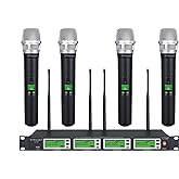 GTDaudio 4x800 Adjustable Channels UHF Diversity Wireless Cordless Handheld Microphone Mic System Ideal for Church, Karaoke, Dj Party, Range 450ft (4 Handheld Mics)