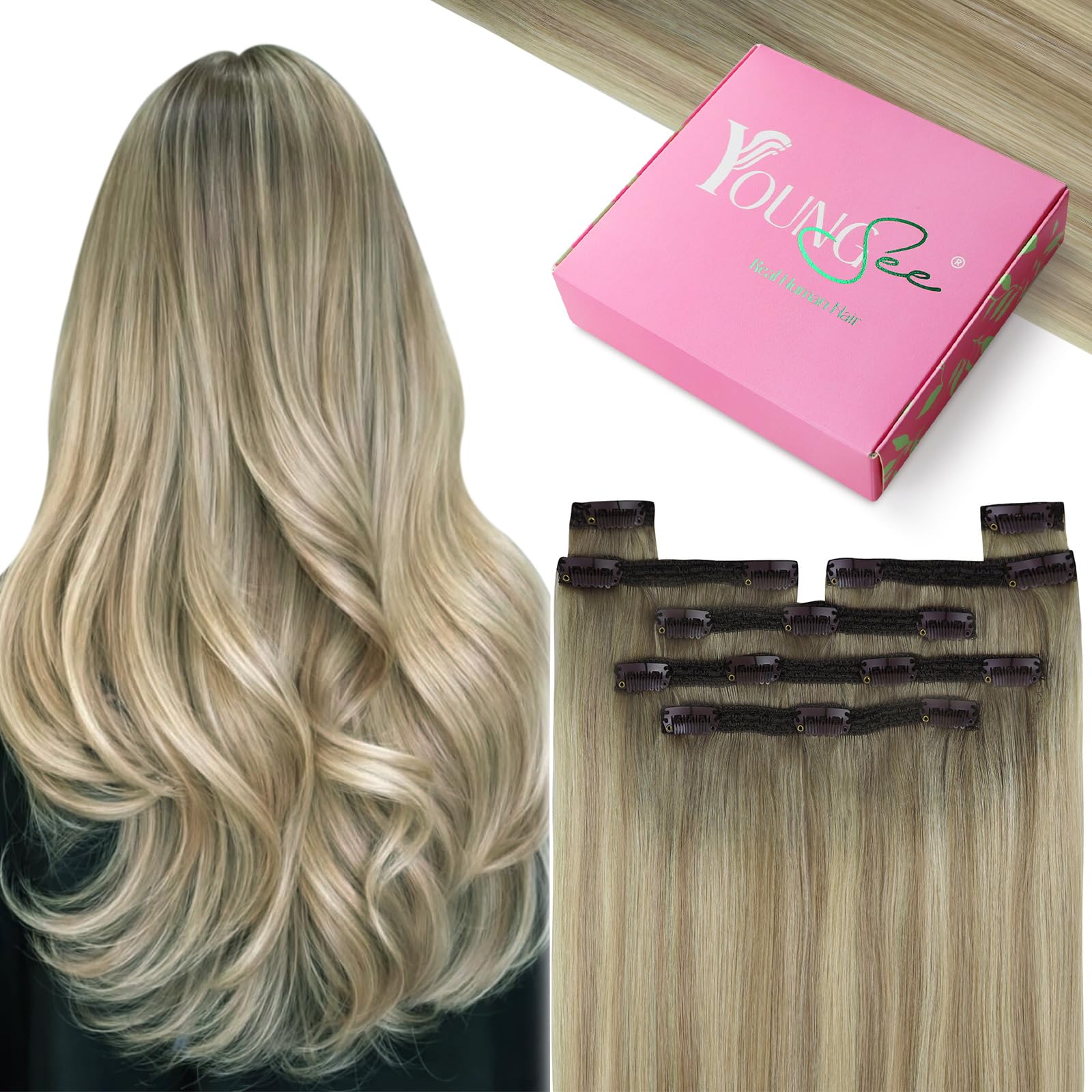 YoungSee Clip in Hair Extensions Ombre 12inch 80g Clip in Human Hair Extensions Ash Blonde Ombre Sunkissed Blonde Human Hair Clip in Extensions for Women Short Straight 7pcs Sliky