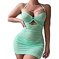 Foxiny Sexy Chain Sheer Mesh Ruched Bodycon Mini Night Out Club Dress with Thong 2 Piece Outfits
