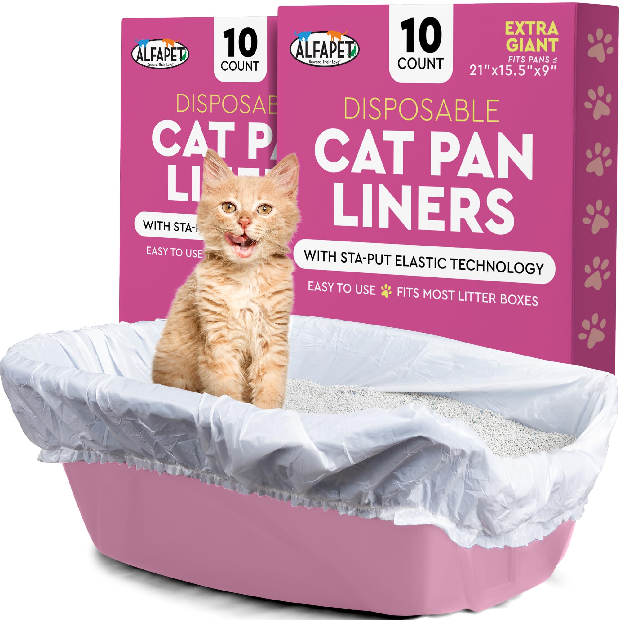Alfapet Kitty Cat Pan Disposable, Elastic Liners- Giant Size Litter Boxes- With Sta-Put Technology,10 Count, Pack of 2