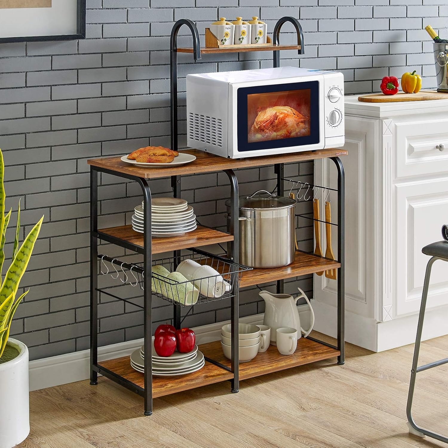 Mr IRONSTONE Vintage Kitchen Baker's Rack Utility Storage Shelf 35.5" Microwave Stand 3-Tier+4-Tier Shelf for Spice Rack Organizer Workstation with 10 Hooks - Standing Baker's Racks