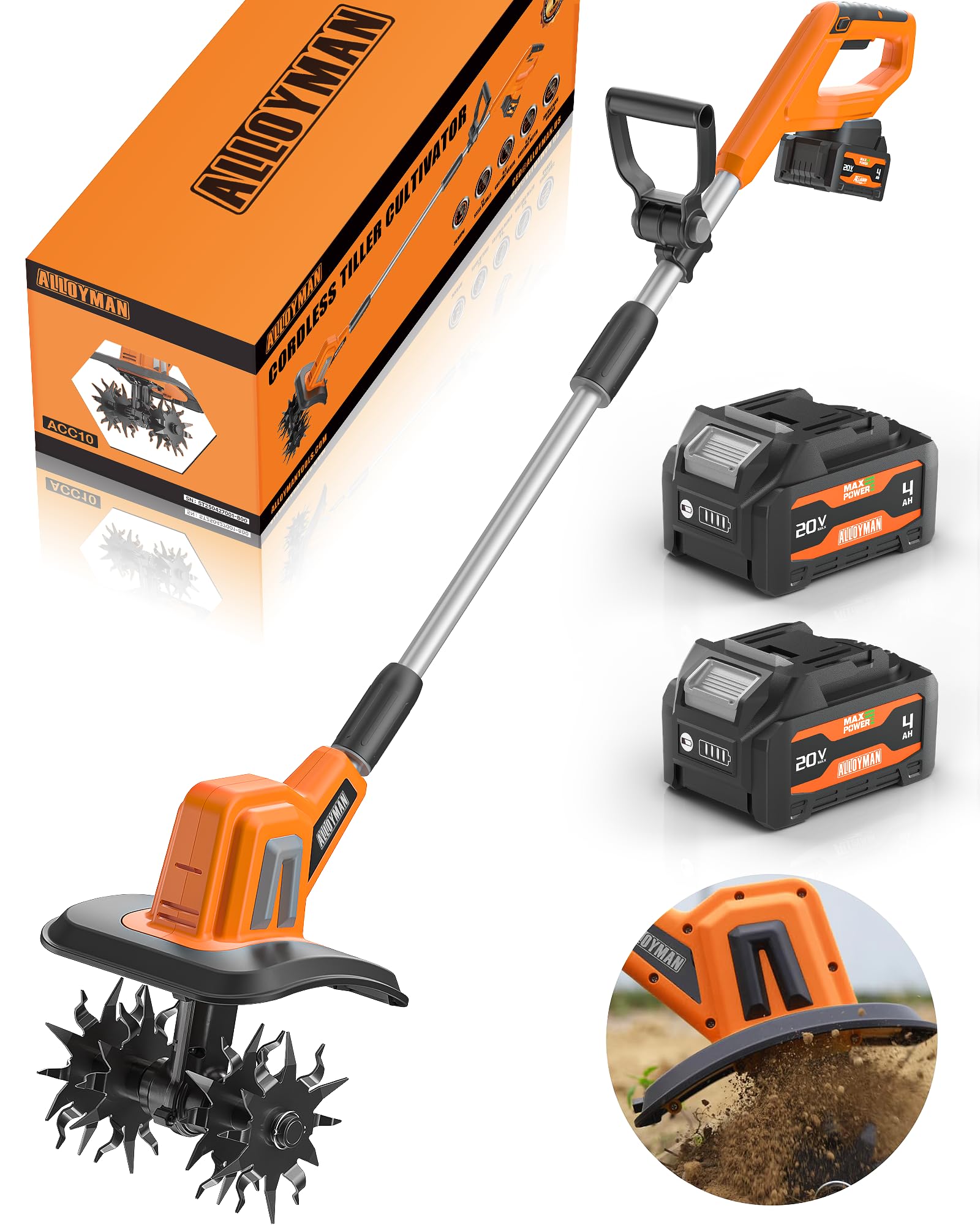View 1 of **UNTESTED**
Alloyman 20V Cordless Tiller Cultivator, 360RPM Electric Garden Tiller, with 2 * 4.0Ah Batteries & Charger, 9In Tilling Width and 6.6In Depth Garden Rototiller for Lawn/Gardening/Soil Cultivation