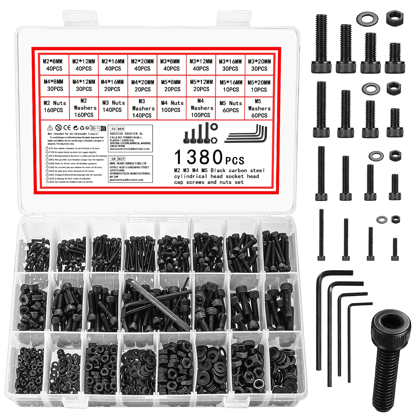 Vwoqiy 1380 Pcs Black Nuts and Bolts Set, M2 M3 M4 M5 Bolts and Nuts Set, Metric Hex Socket Head Cap Screws Set, Machine Screws and Washers Assortment Kit for Bicycle Motorcycle Repair