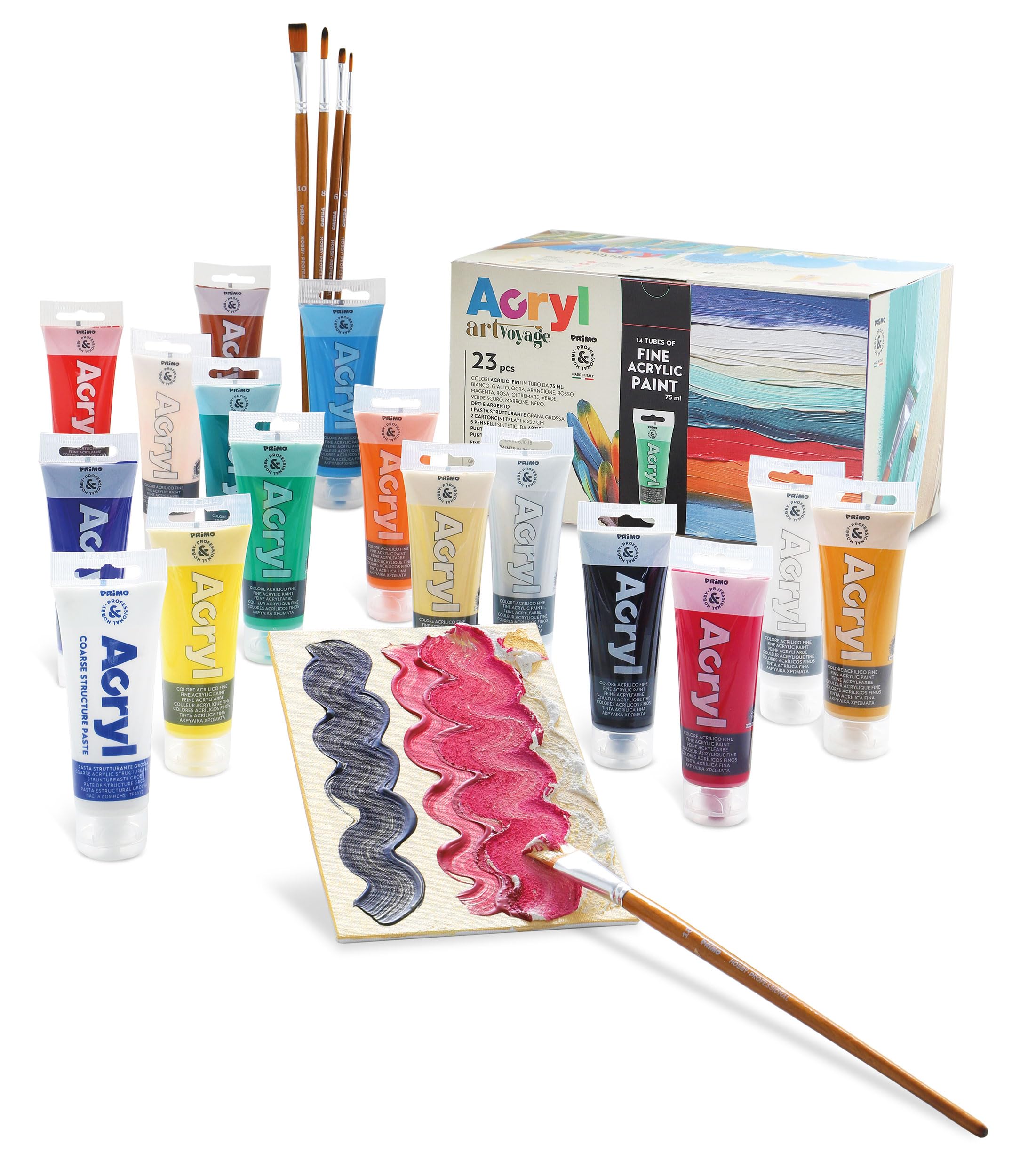 PRIMO Morocolor, Mega Box Acryl 15 acrylic colors, 1 coarse-grained structuring paste x 75 ml, 2 canvas cards, 5 synthetic brushes, ideal for decorative acrylic painting technique