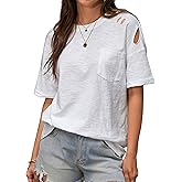 SOFIA'S CHOICE Women Distressed Short Sleeve T Shirts Summer Ripped Cut Out Tops Basic Cotton Tee Top
