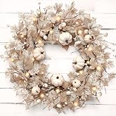 26 Inch Large Foldable Fall Wreath for Front Door with Lights Timer, Autumn Maple Leaf Pumpkin Wreaths & 88 Silk Maple Leaves