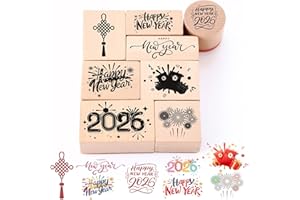 Supervitae 8 Pcs New Year Wooden Rubber Stamp Set Happy New Year Vintage Wooden Art Stamps for Crafting and DIY Scrapbooking Card Making Hand Book