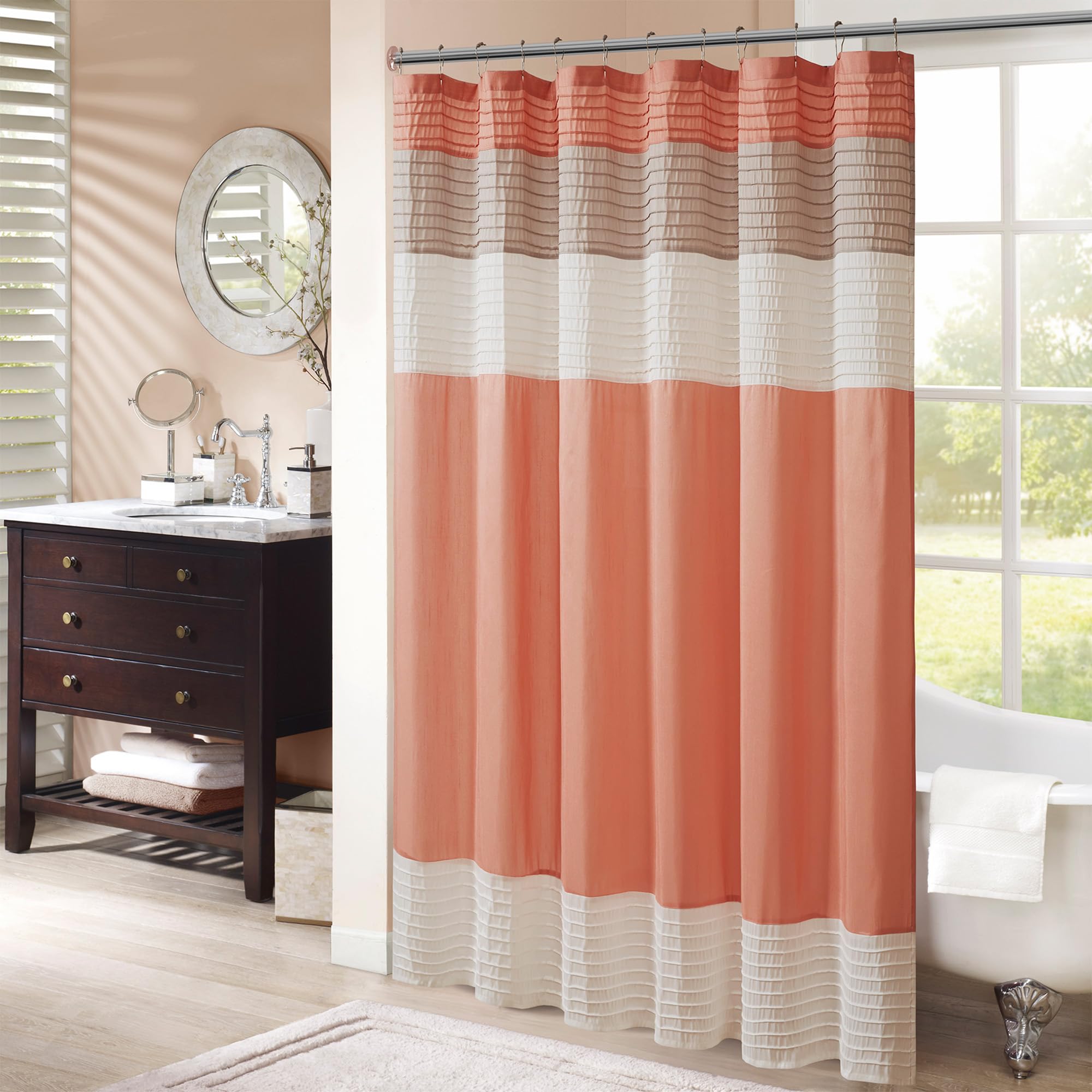 Madison Park Amherst Bathroom Shower Curtain Faux Silk Pieced Striped Modern Microfiber Bath Curtains, 72x84 Inches, Coral Image