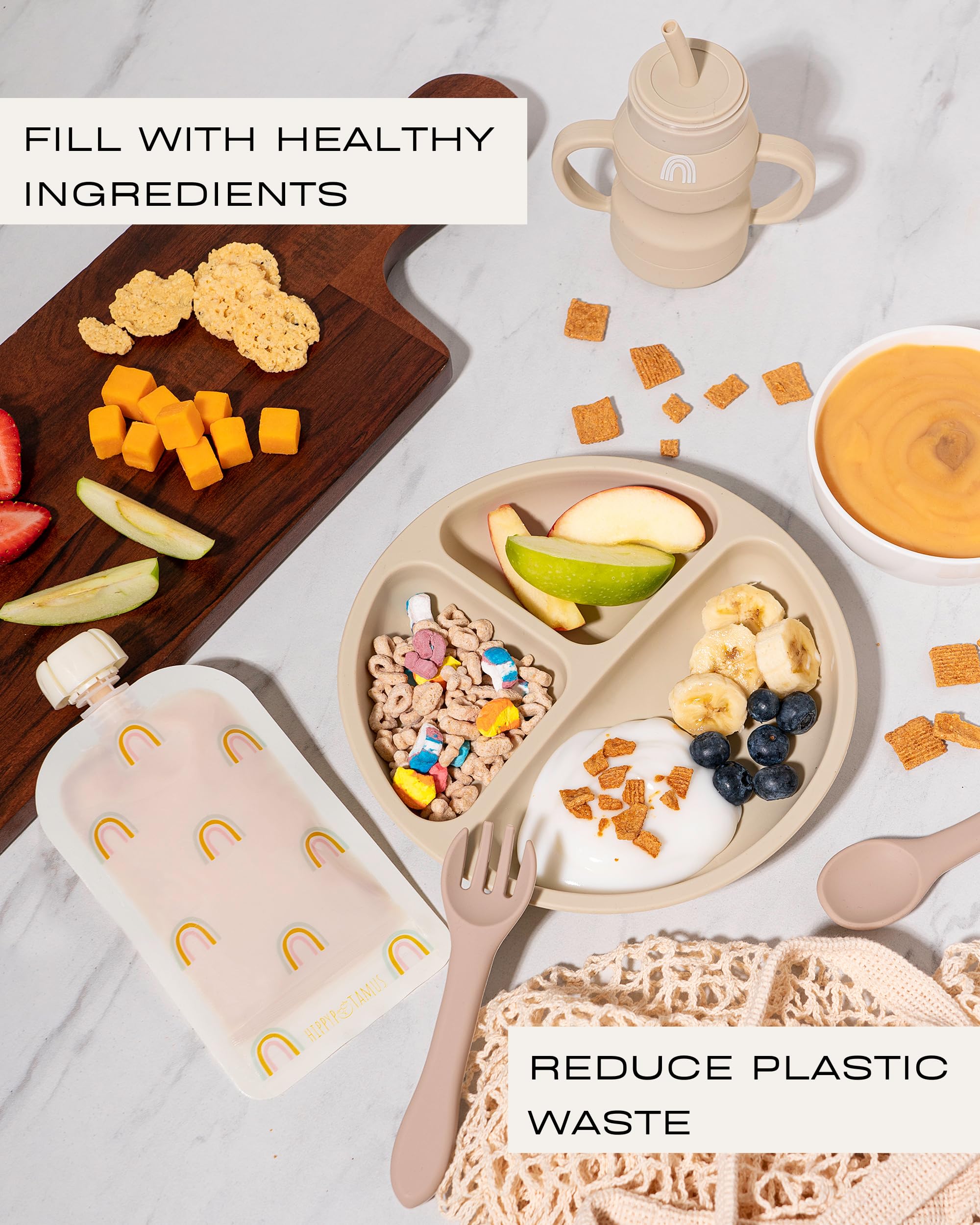 Hippypotamus Reusable Baby Food Pouches for Toddlers - BPA Free Food Grade - Dishwasher & Freezer Safe - Baby Food Containers - Refillable Squeeze Pouch For Applesauce & Yogurt - 12 Pack (Rainbows)