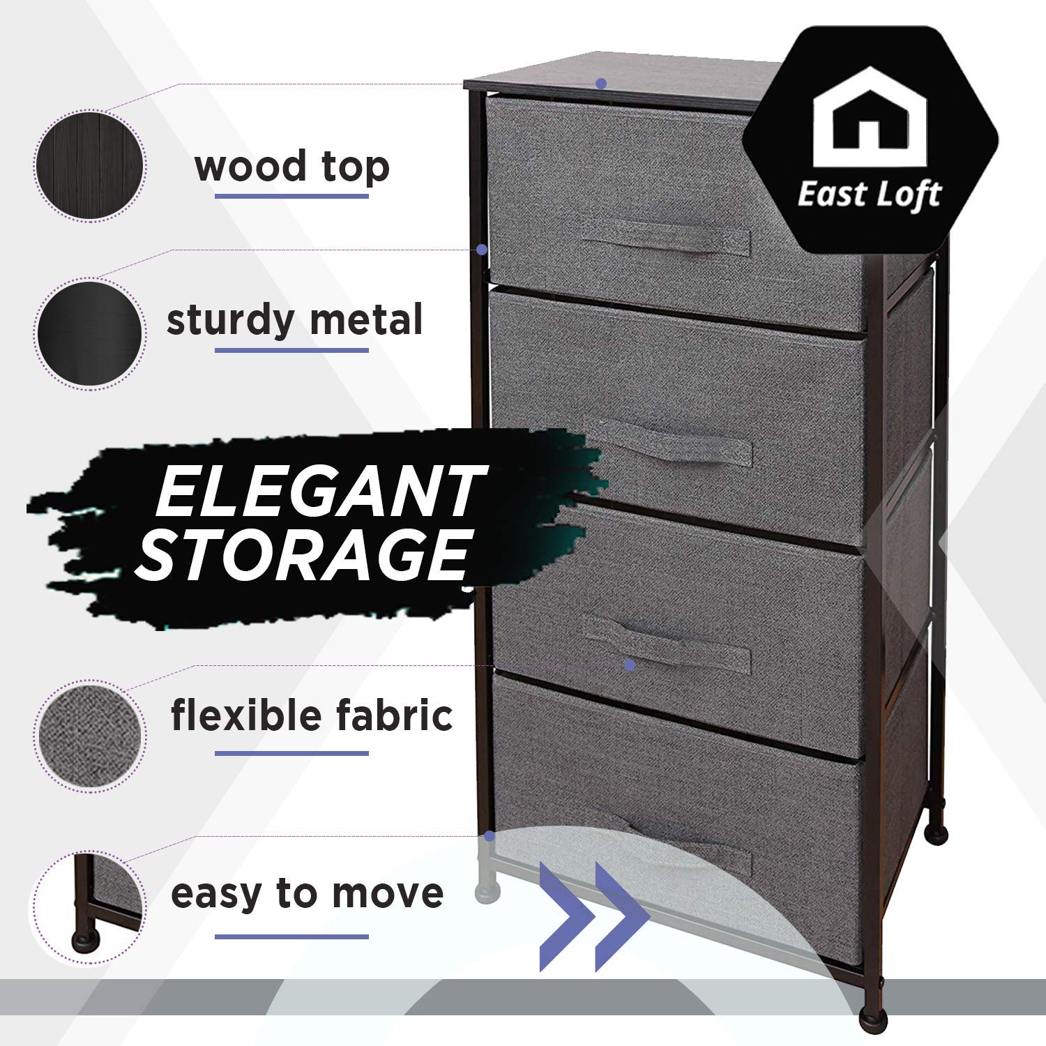 East Loft Tall 4 Drawer Dresser Storage Organizer for Closet, Nursery, Bathroom, Laundry or Bedroom Fabric Drawers, Solid Wood Top, Durable Steel Frame Charcoal : Baby