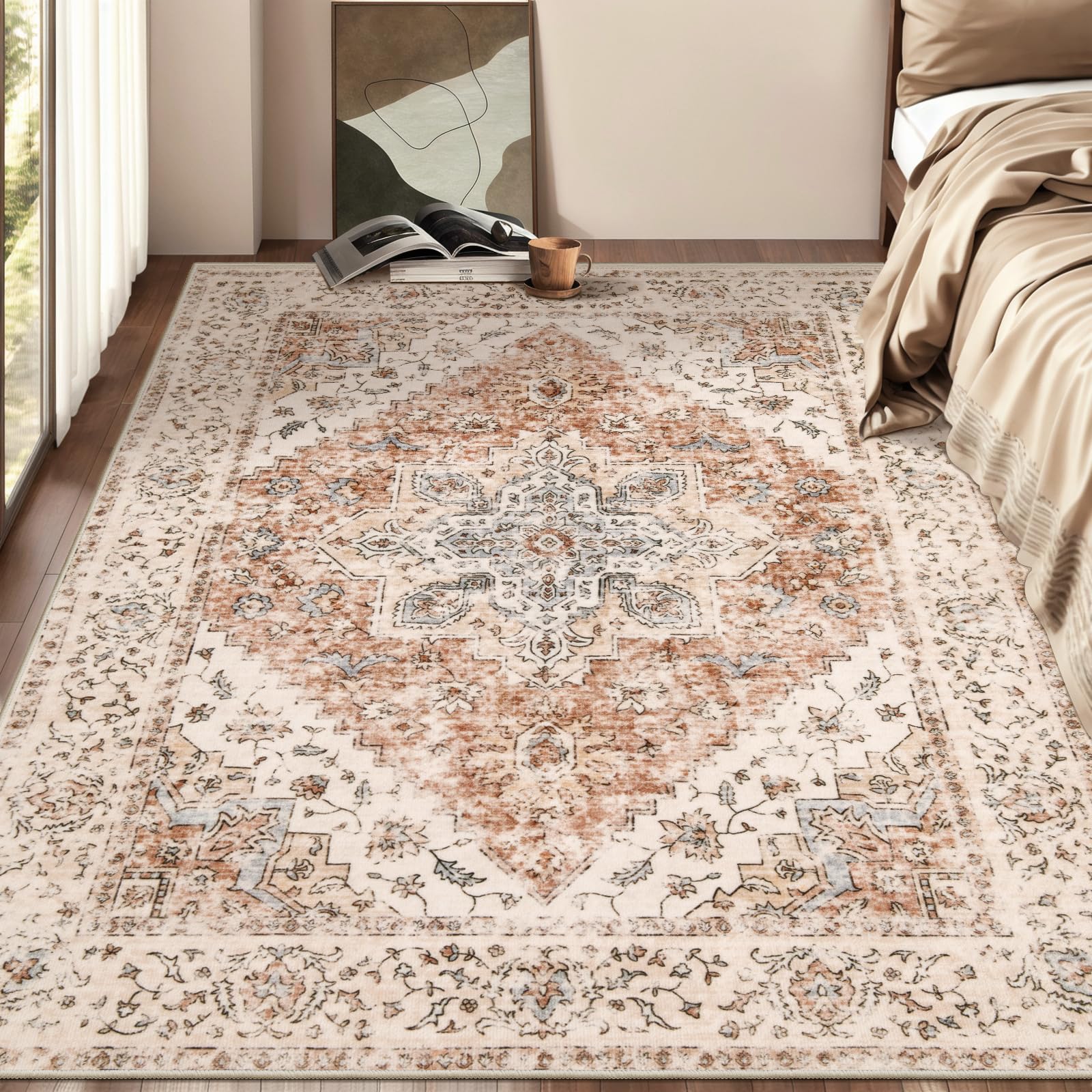 Ciicool 4x6 Rug, Washable Area Rug Boho Rugs for Living Room Non-Slip Indoor Rugs Large Low-Pile Mat Floor Carpet Vintage Rug for Bedroom Dinning Office Foyer Decor Image