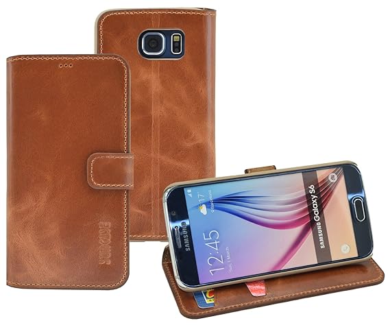 Book-Style Ledertasche Tasche für Samsung Galaxy S6 *ECHT LEDER* Handytasche Case Etui Hülle (Original Suncase) in cognac